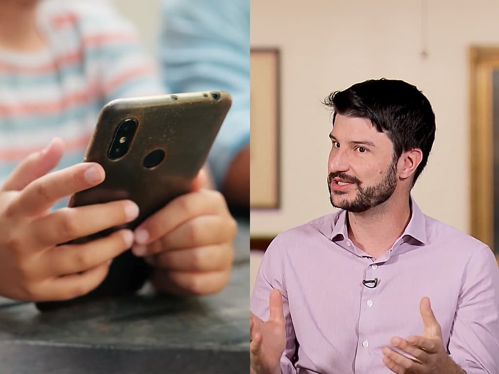 Montagem com as mãos de uma criança segurando um celular e Rodolfo Canônico durante a entrevista ao Repórter Justiça.
