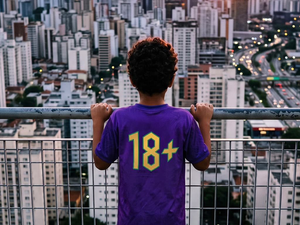 Criança de costas com camisa de futebol estampada com “18+”, diante da cidade.