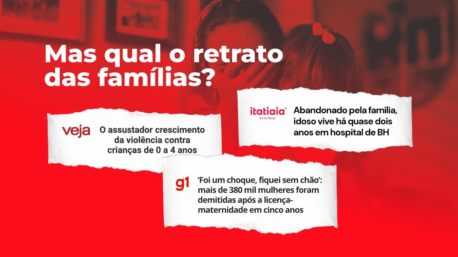 Mas qual o retrato das famílias? — manchetes da Veja, Itatiaia e G1 sobre violência contra crianças, abandono de idosos e mães demitidas após licença-maternidade.